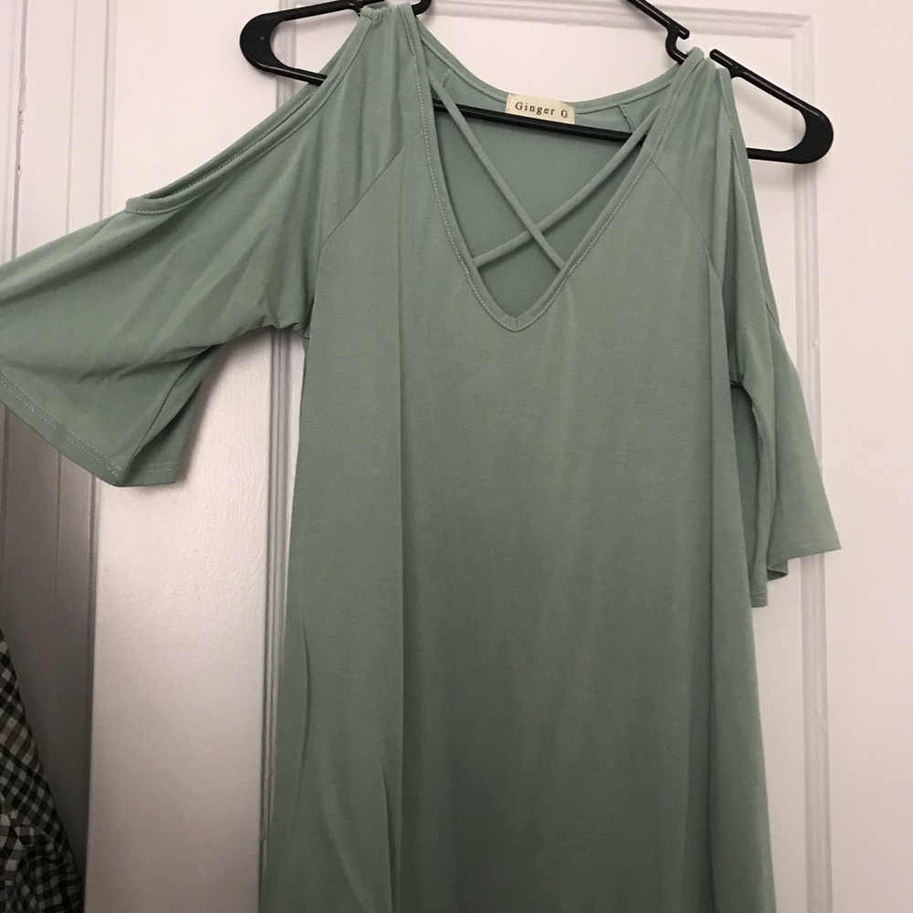 Cold shoulder dusty mint green top